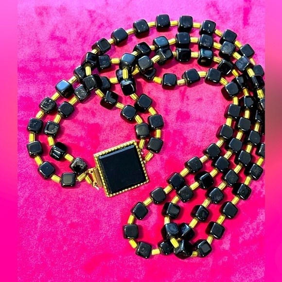 VTG ORIGINAL BY ROBERT NECKLACE SIGNED 24’ BLACK & GOLD GLASS BEADS COUTURE 5467 - Picture 1 of 16